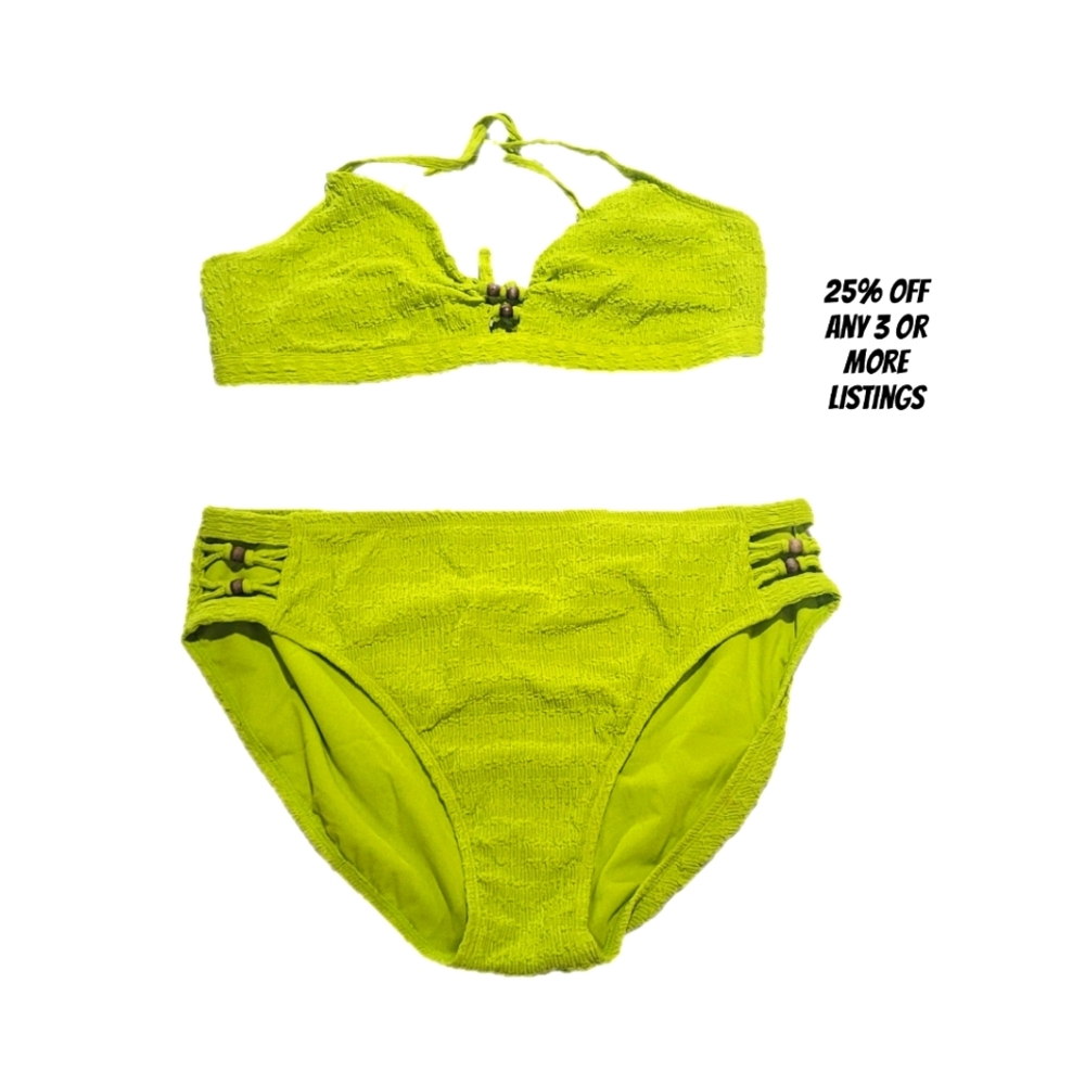 Lime Bikini Set Plus Size 1X 2X Wood Bead Cutout Swimwear Swimsuit Beach Cruise